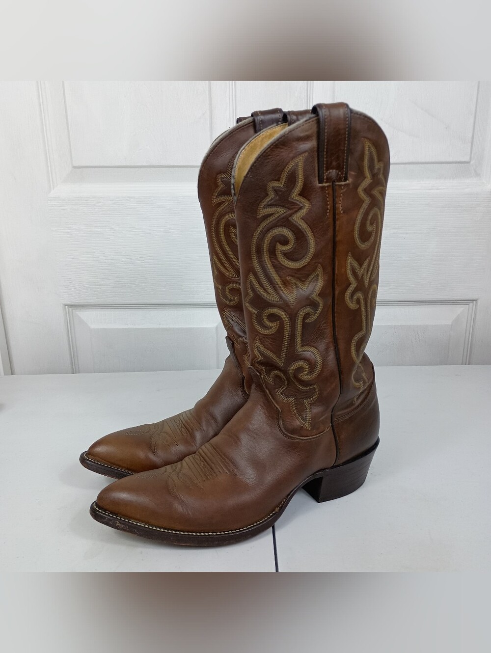 Justin Cowboy Boots 8D Mens Brown Leather Western Classic 13" Y2K USA Vintage